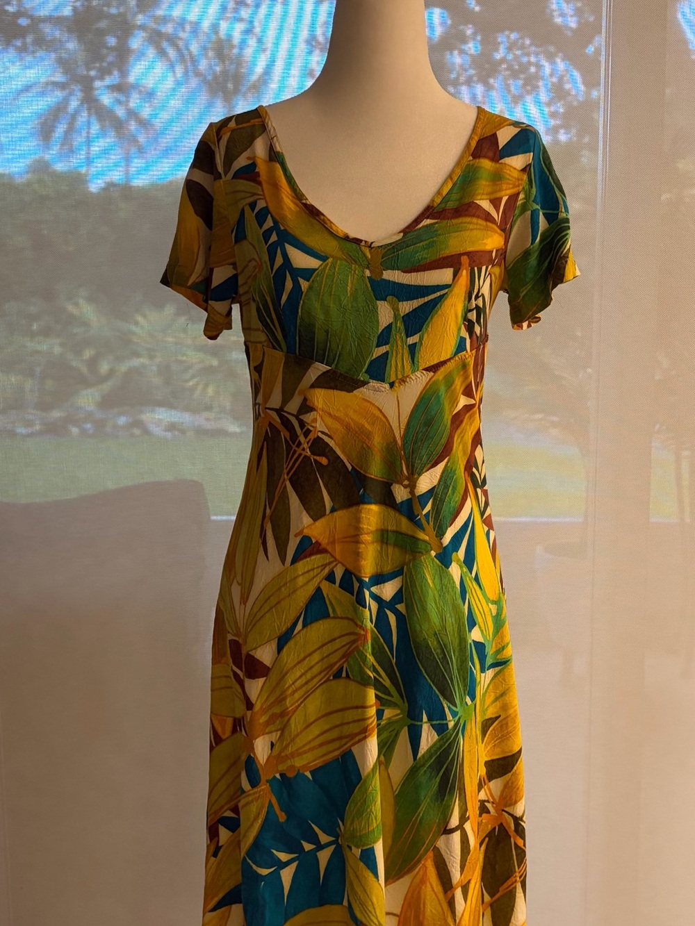 Jams World Tropical Leaf V-Neck Midi Dress - Yellow, Green & Blue